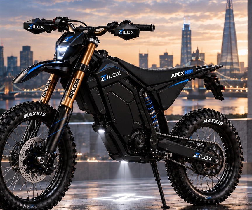 ZILOX APEX RS1 electric dirt bike concept used to illustrate electric motorcycle parts and fitment.