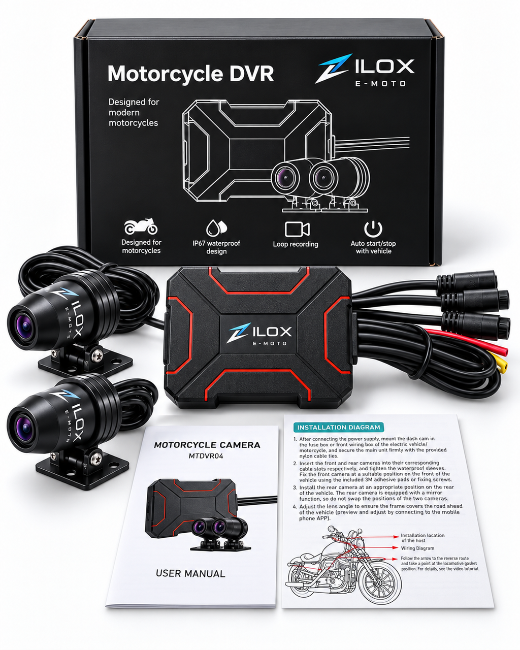 ZILOX E-MOTO motorcycle DVR system with branded box, dual cameras and control unit