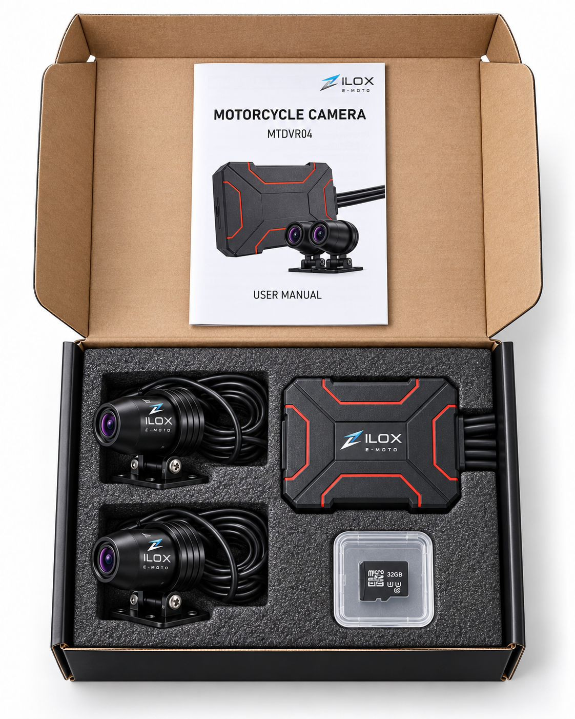 ZILOX E-MOTO MTDVR04 motorcycle DVR kit flat lay with cameras and control unit