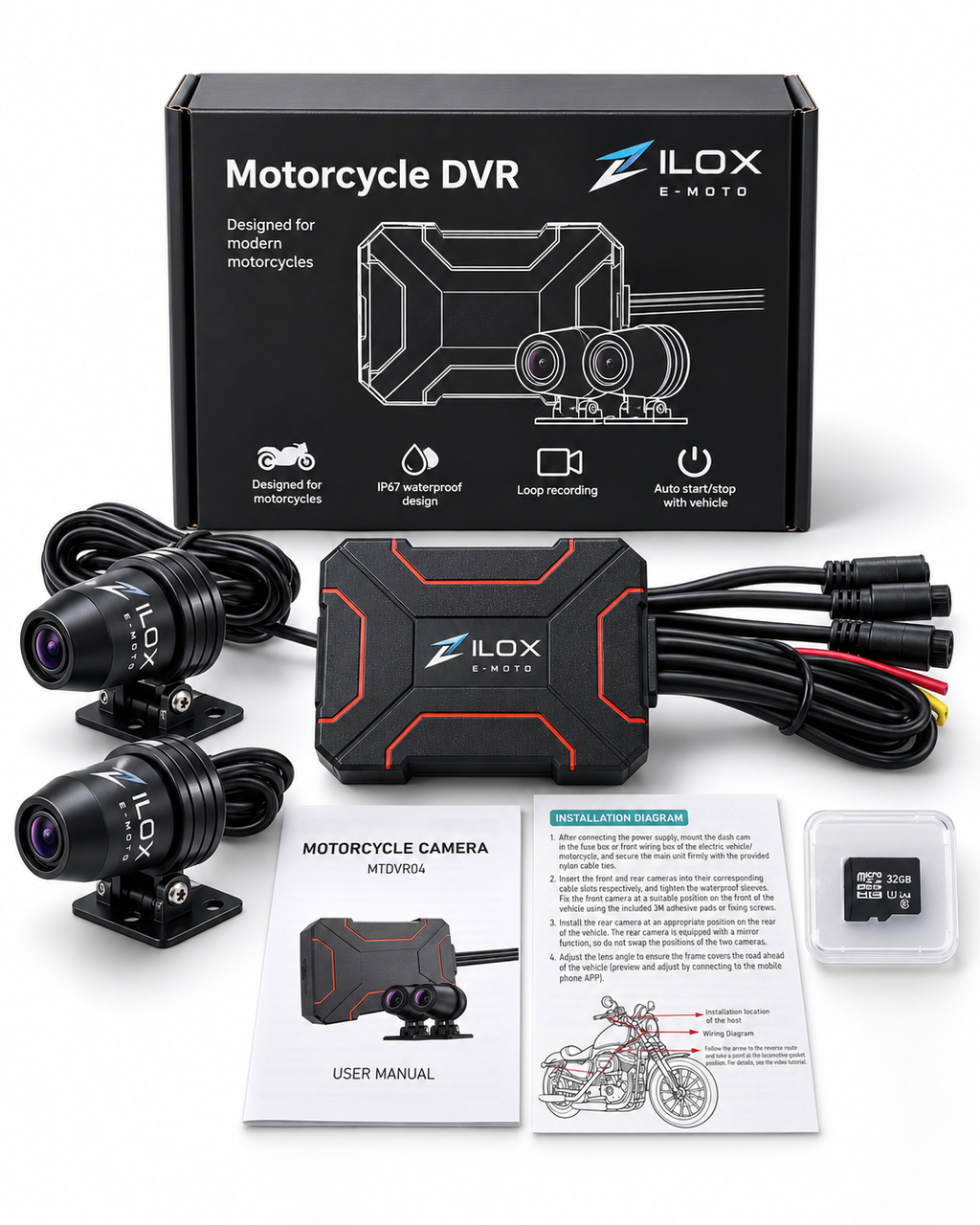 ZILOX E-MOTO dual motorcycle DVR camera kit with front and rear cameras