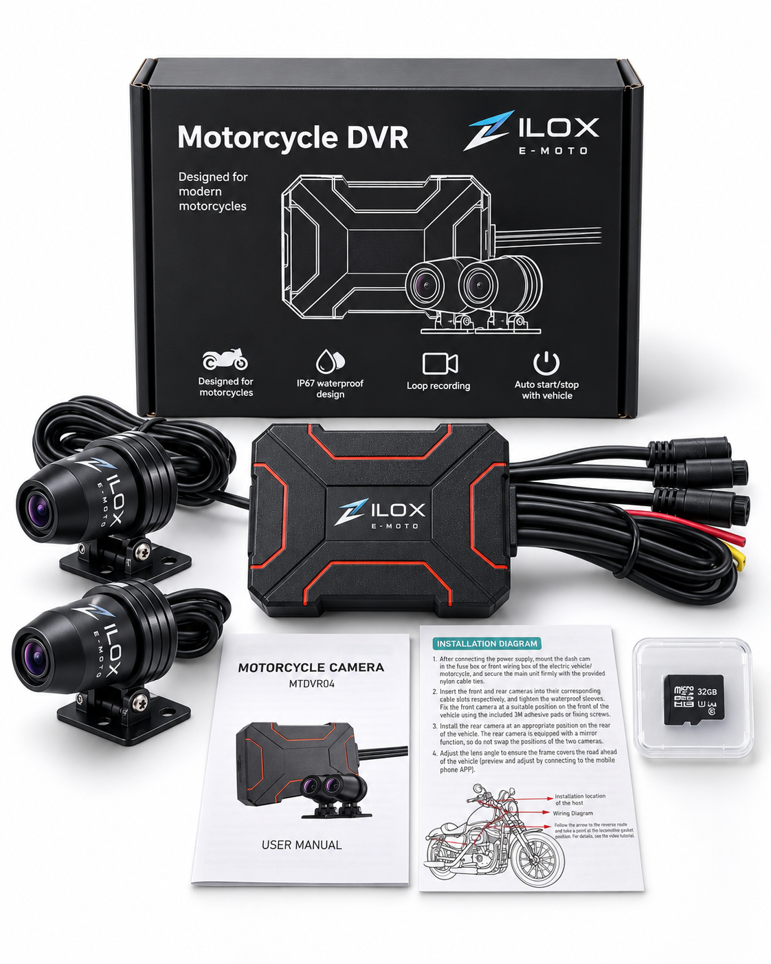 ZILOX E-MOTO dual motorcycle DVR camera kit with front and rear cameras