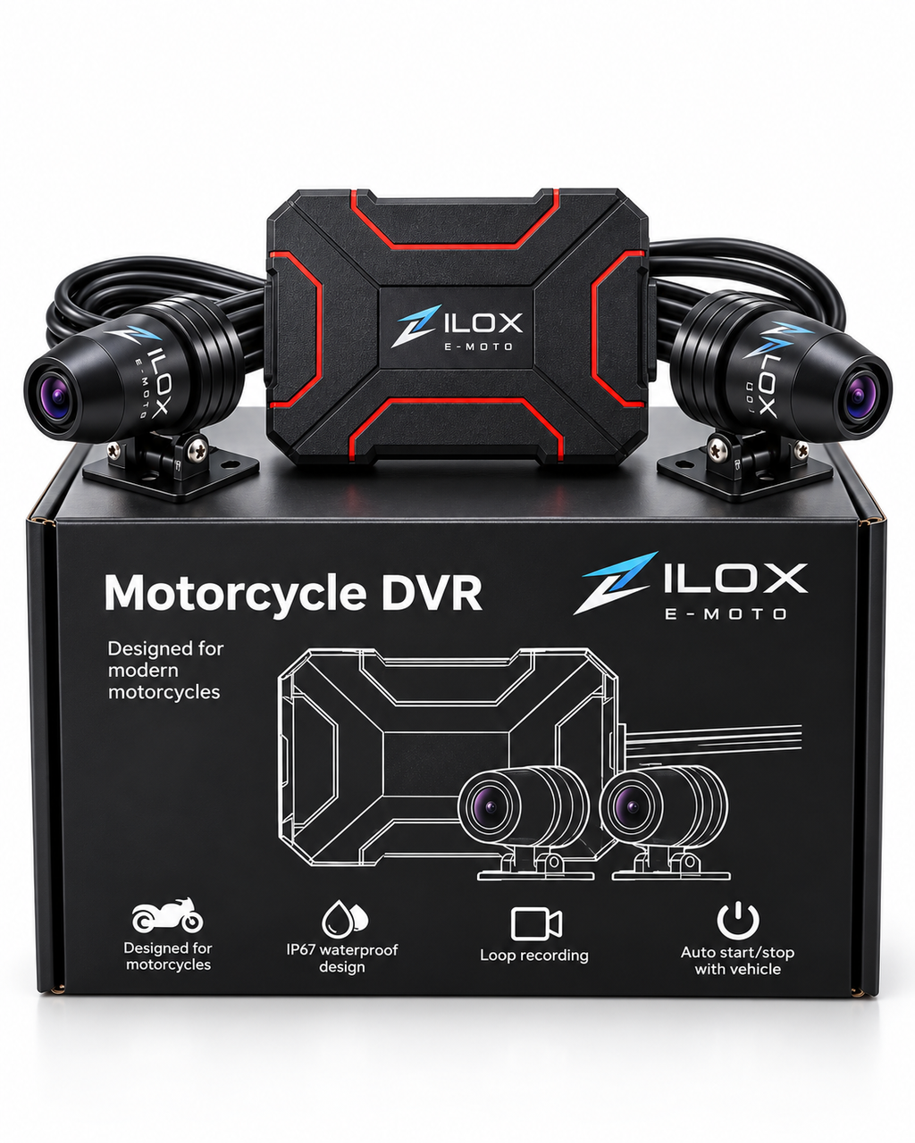 ZILOX E-MOTO MTDVR04 motorcycle DVR kit presented in retail box