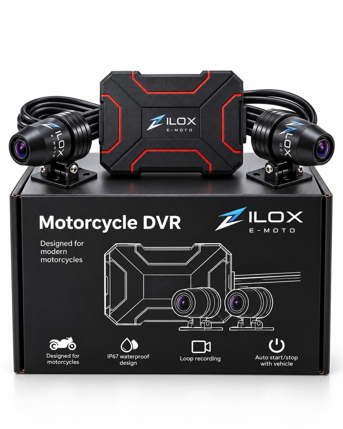ZILOX E-MOTO MTDVR04 motorcycle DVR kit presented in retail box
